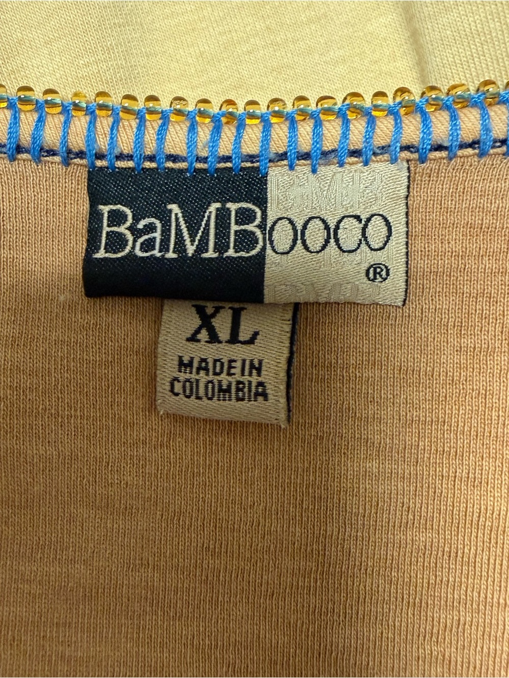 BambooCo XL Pima Cotton Navy Scroll Graphic Tan Stretch Short Sleeve Tee Top - Picture 11 of 14